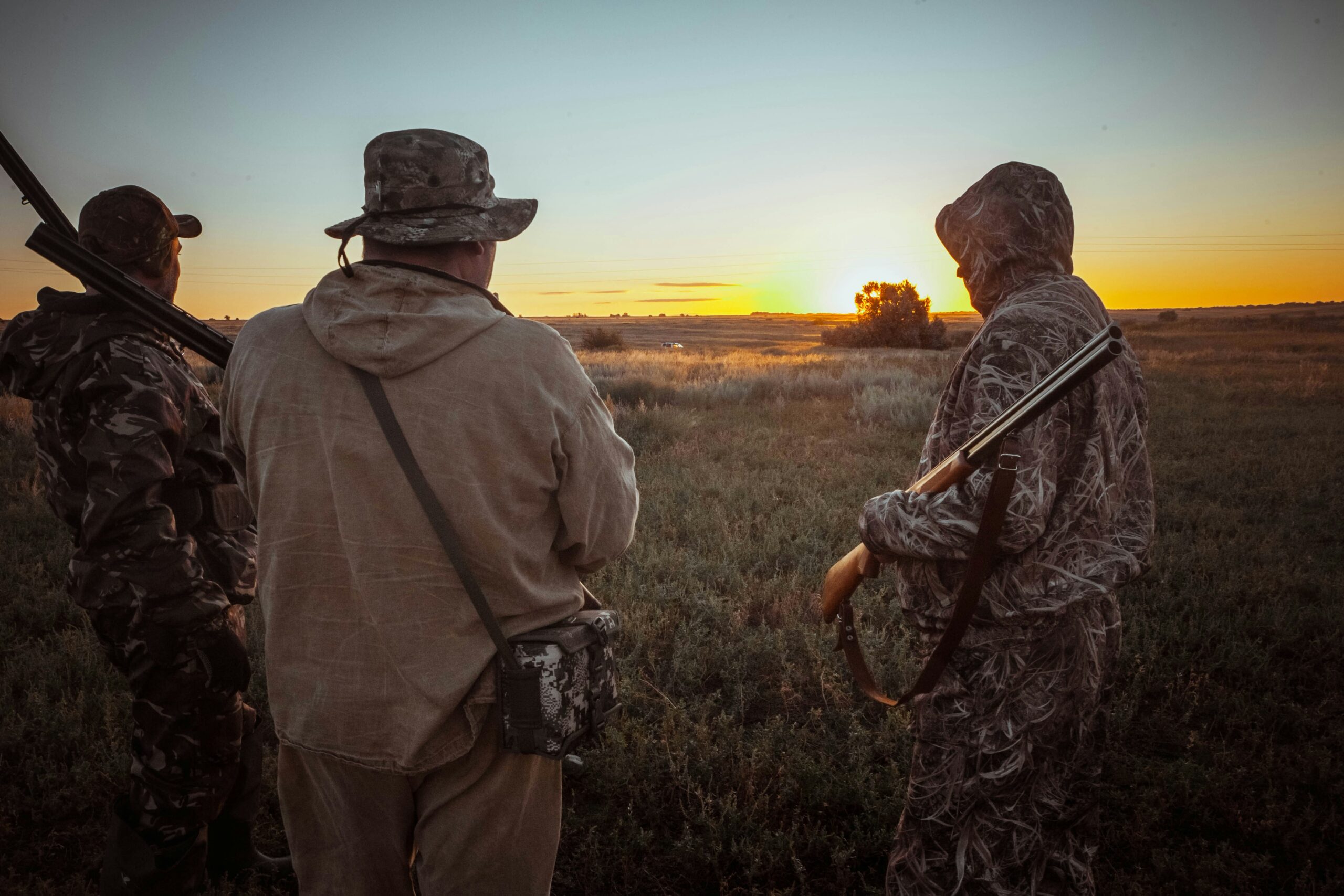 Three hunters carrying shotguns watch the sun rise over a dove field, highlighting Texas gun charges hunters may face.